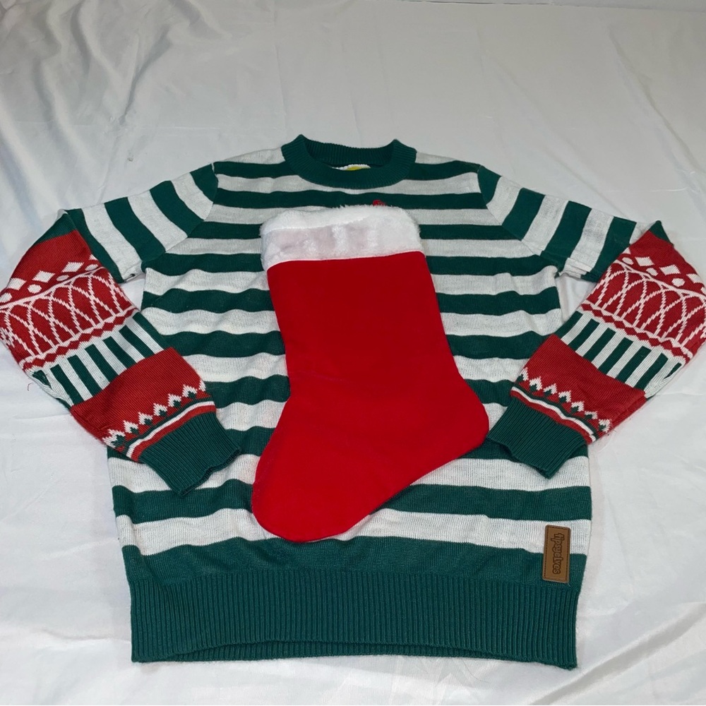 Tipsy Elves Mens Small Ugly Christmas Sweater Stocking Green White Striped